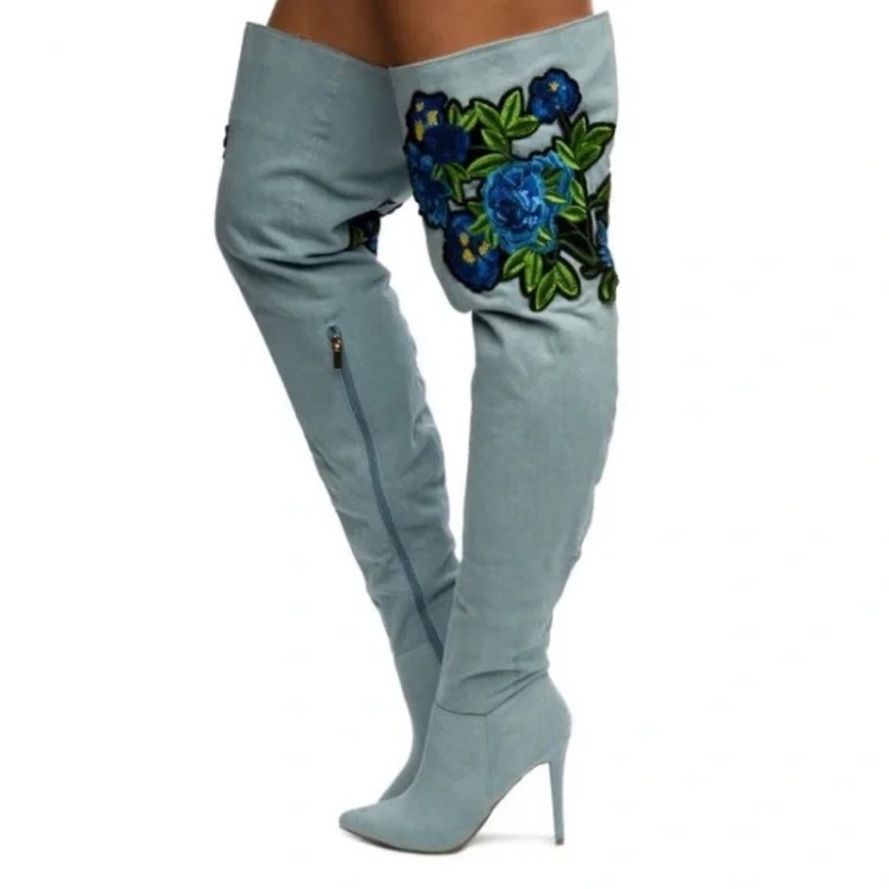 Anne Michelle Dedicate-14M floral thigh-high boots embroidered denim upper - Picture 1 of 1